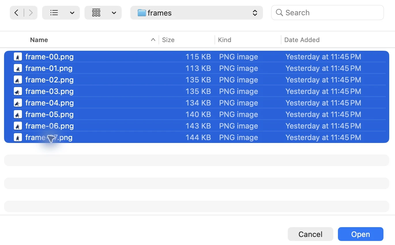 GameMaker's file picker with frame-00.png through frame-07.png selected together for import
