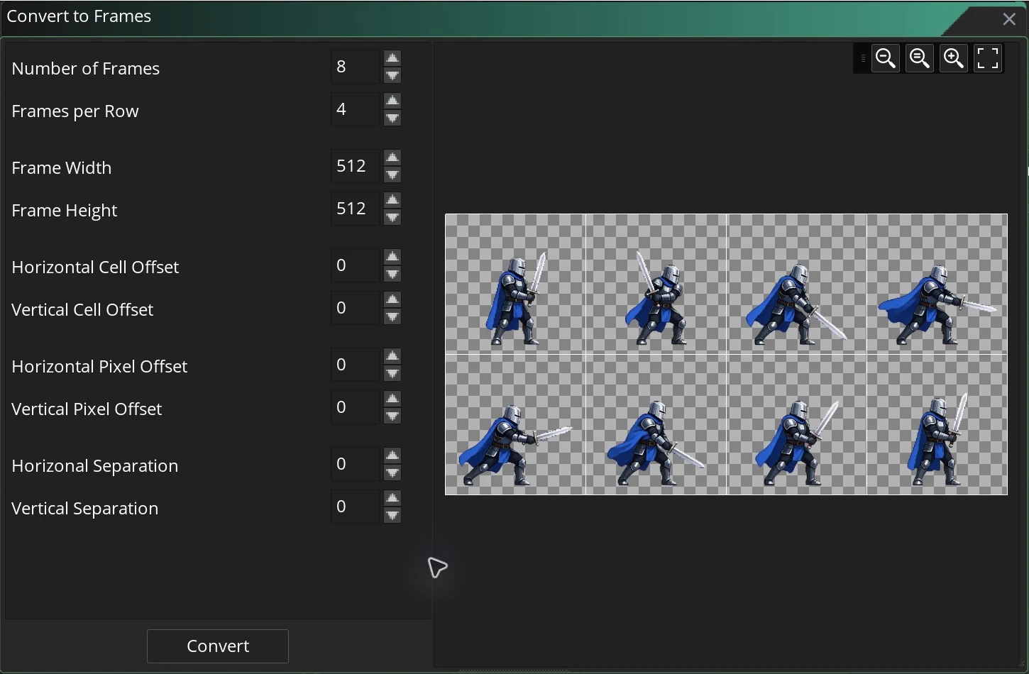 GameMaker Convert to Frames with 8 total frames, 4 frames per row, 512 by 512 cells and zero offsets or separation