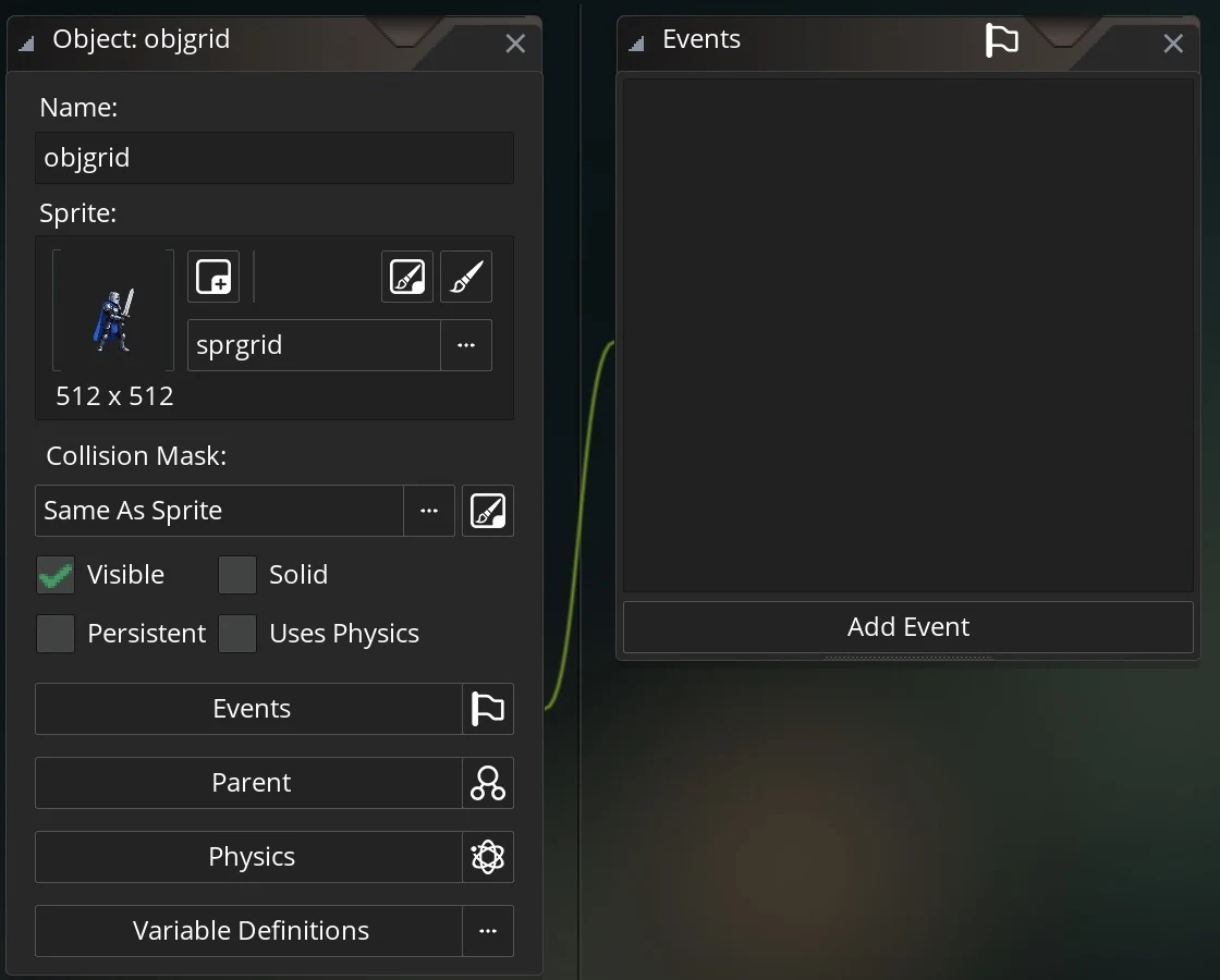 Object editor with sprgrid assigned in the Sprite field of objgrid
