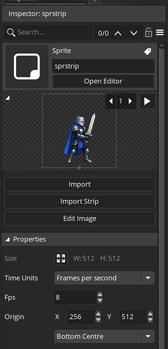 Sprite Inspector with Frames per second selected, speed 8 and Bottom Centre origin at 256,512