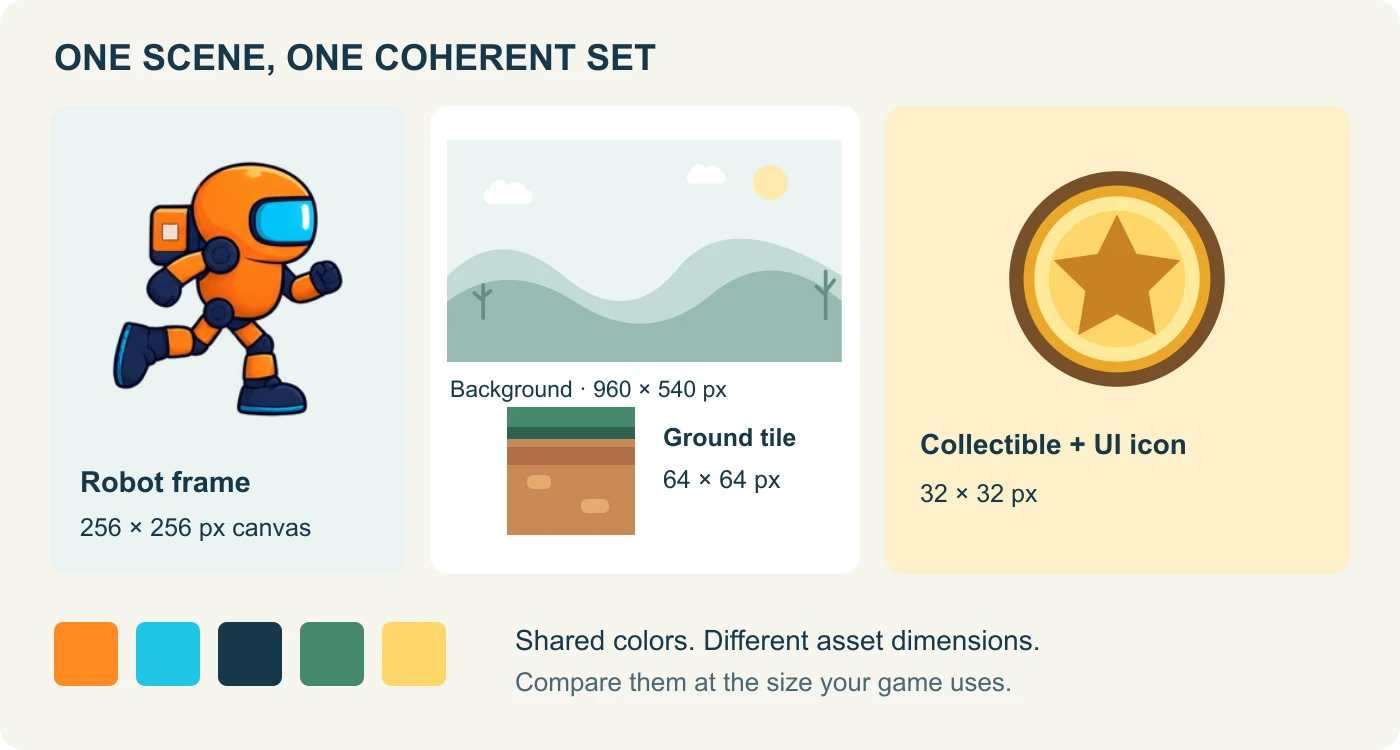 The original robot, floor tile, coin and palette arranged as one asset set, with their different source dimensions