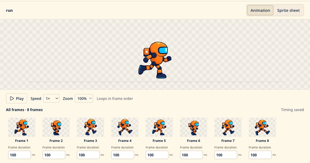 SpriteFuse frame-duration controls set to 100 milliseconds