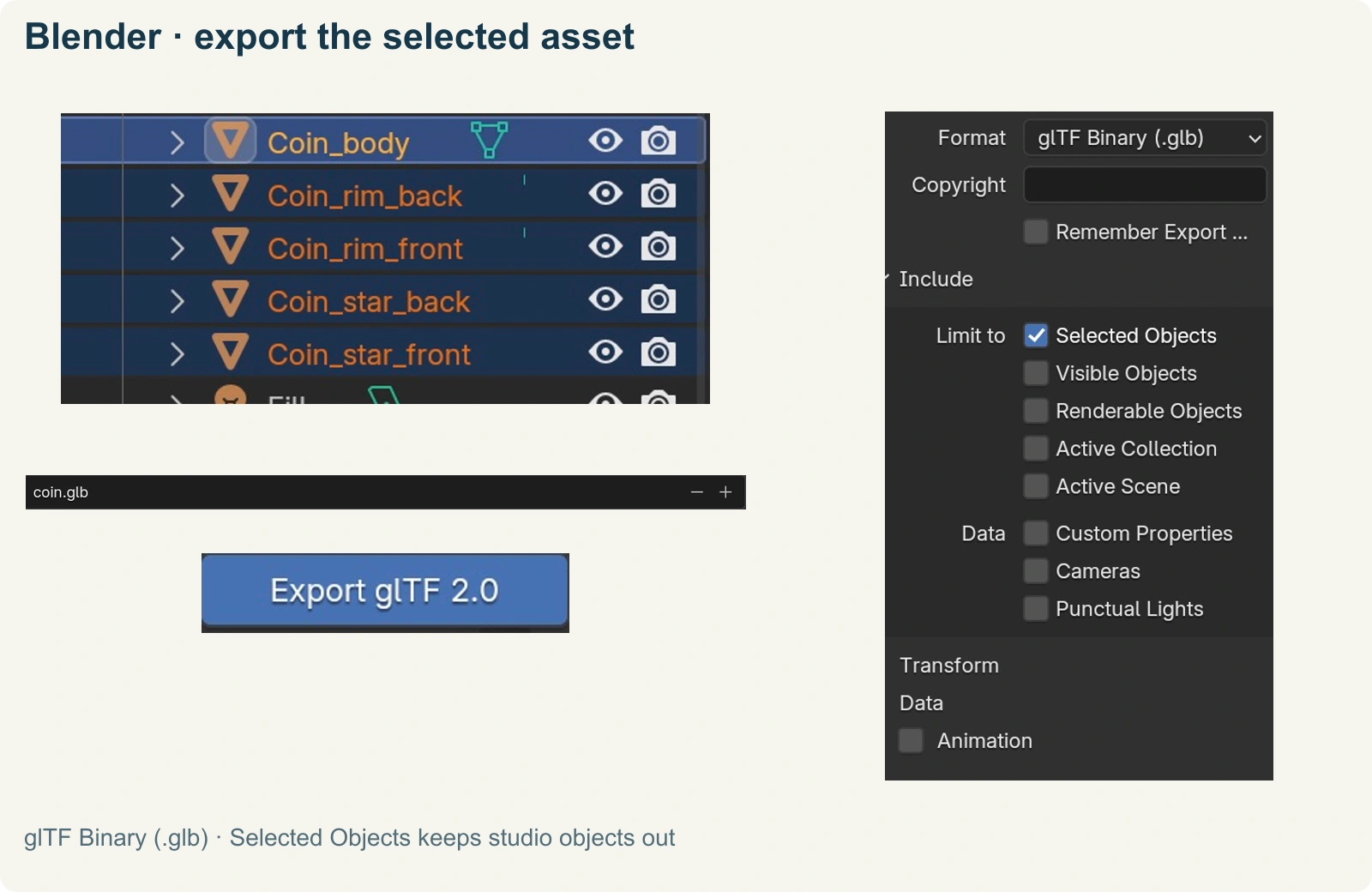 Blender GLB export with Selected Objects enabled for the coin