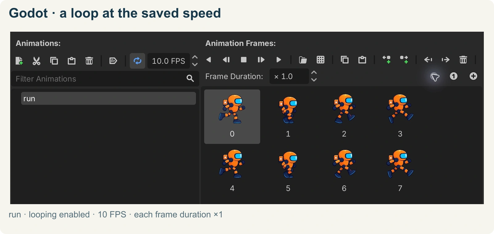 The run animation in Godot with eight frames, looping and 10 FPS