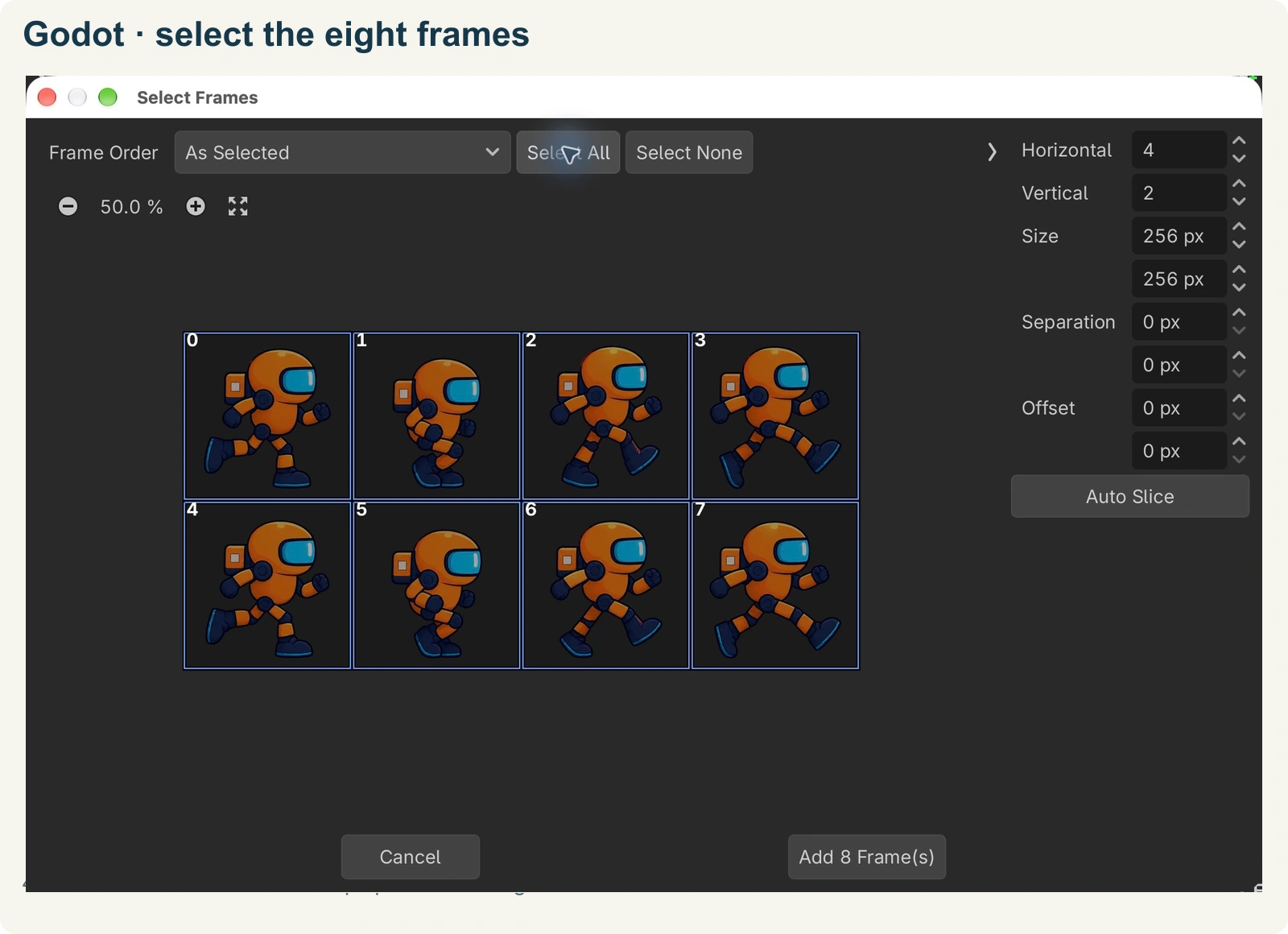 Godot's Select Frames dialog with four columns, two rows and eight selected poses