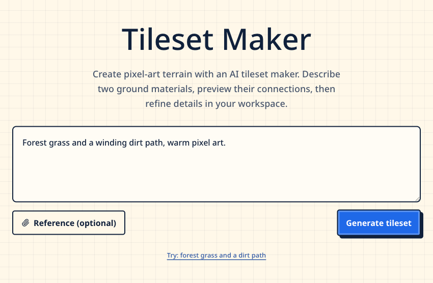 The live SpriteFuse Tileset Maker with a forest-grass-and-dirt-path description, an optional Reference button and Generate tileset