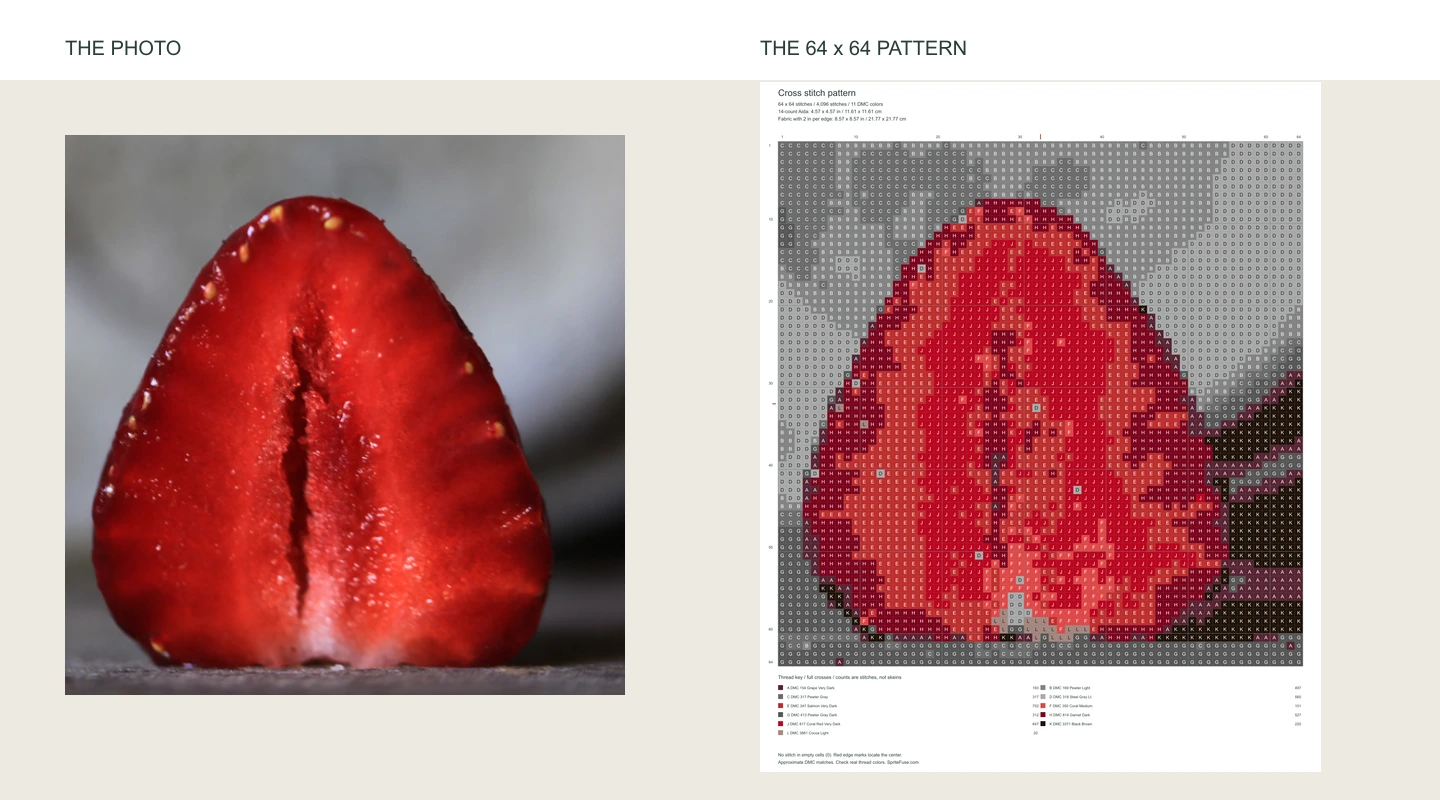 Strawberry photograph beside its actual 64-stitch-wide DMC-matched chart
