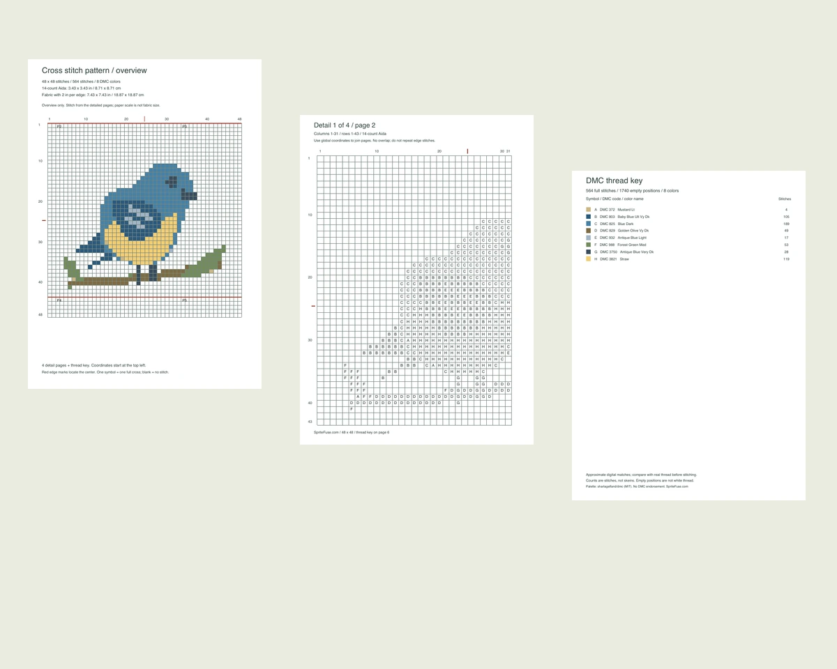 Actual PDF overview, black-and-white detail and thread-key pages for the blue bird pattern
