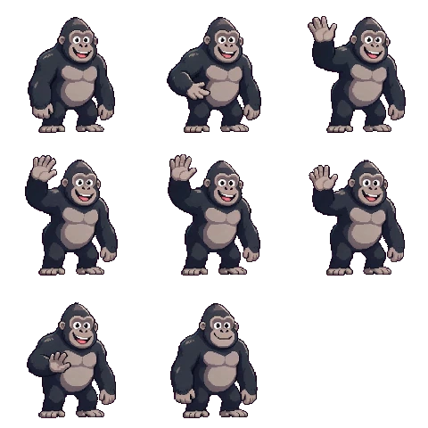 Eight gorilla wave frames arranged in an automatic three-column transparent sprite sheet