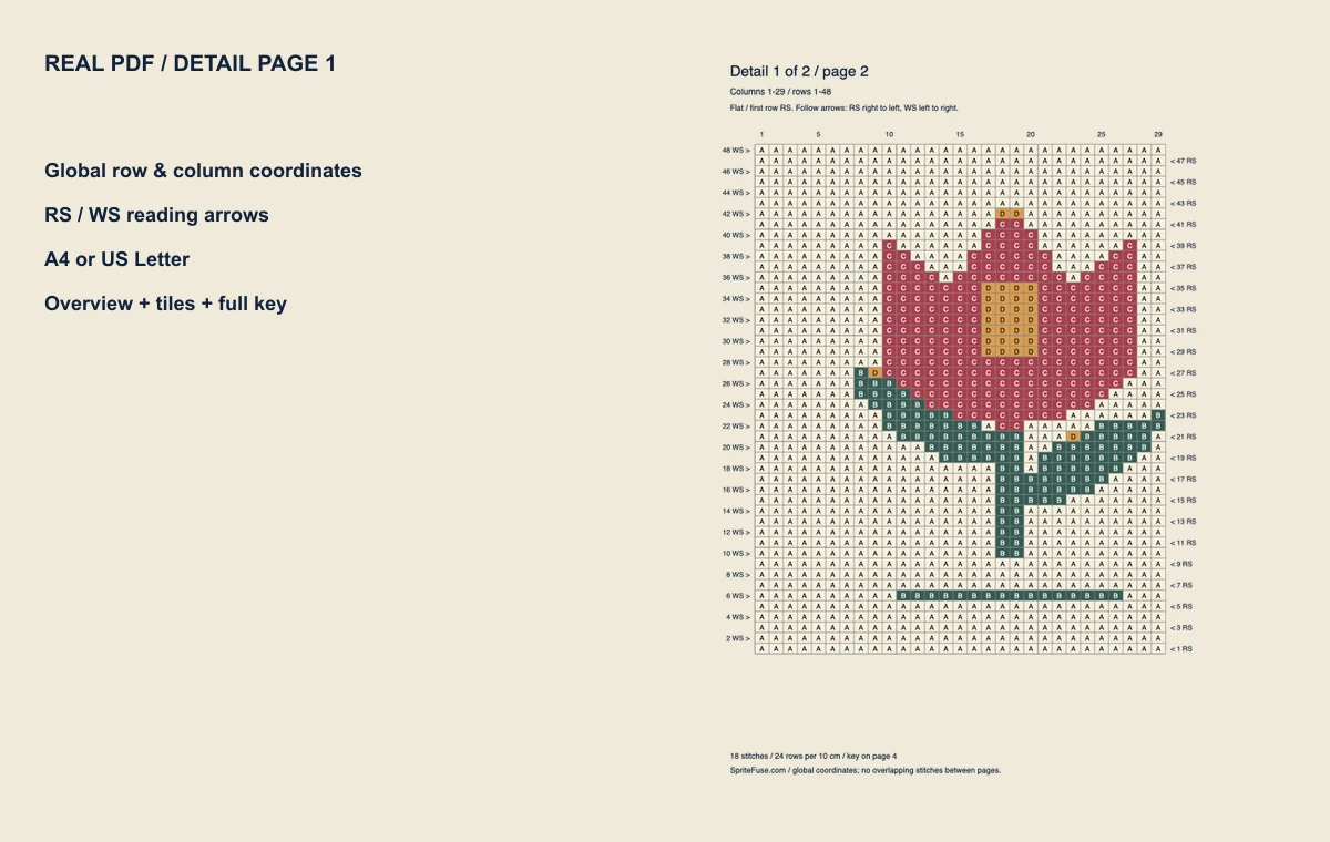 A real flower-chart PDF detail page with numbered rows, columns and reading arrows