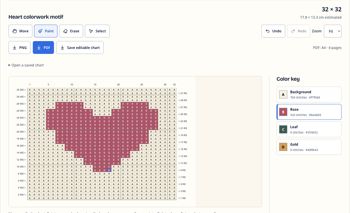 Actual colorwork editor with a hand-drawn heart, a selected rose palette color and individual stitch editing controls