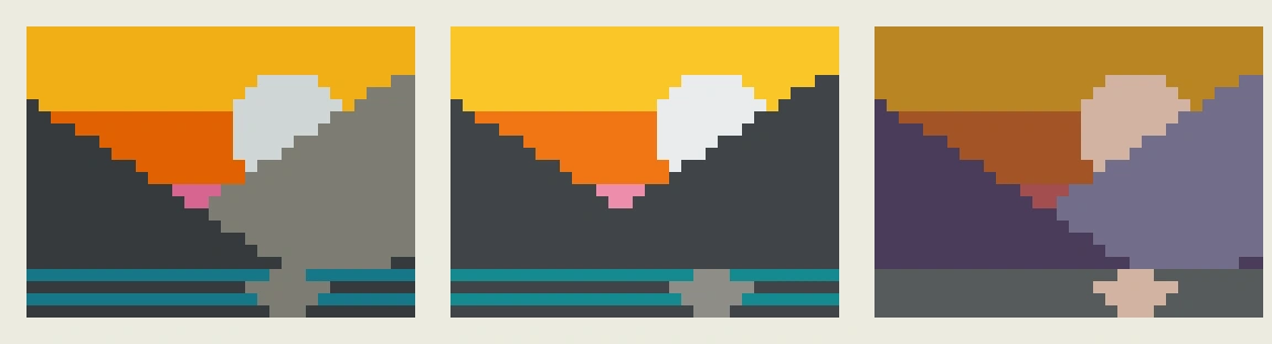 The same mountain sunset matched to concrete on the left, wool in the center and terracotta on the right