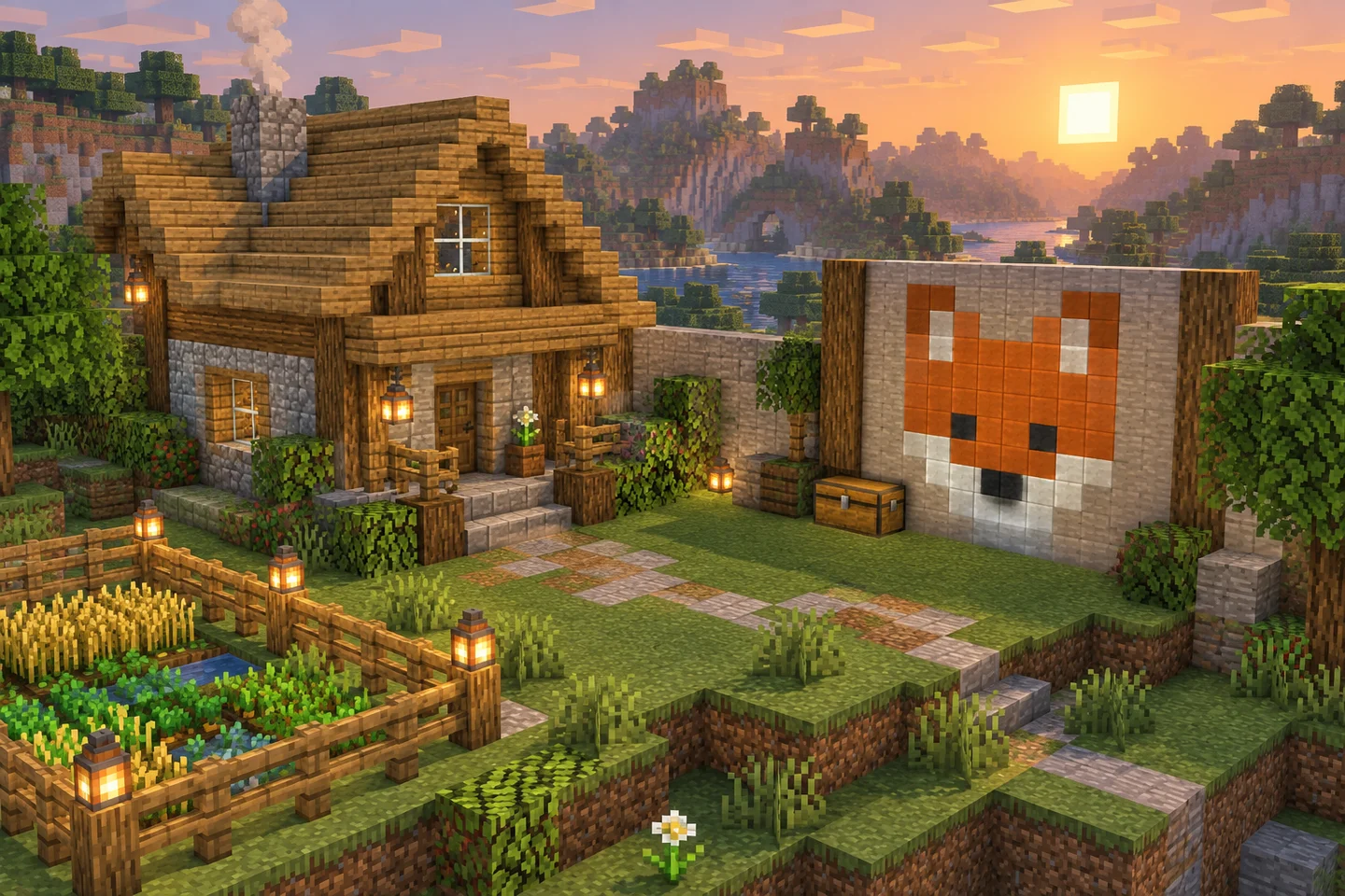 Build inspiration: a fox mural beside a wooden house in a grassy block courtyard