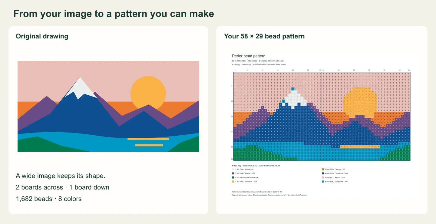 Original mountain sunset drawing beside its actual two-board bead pattern