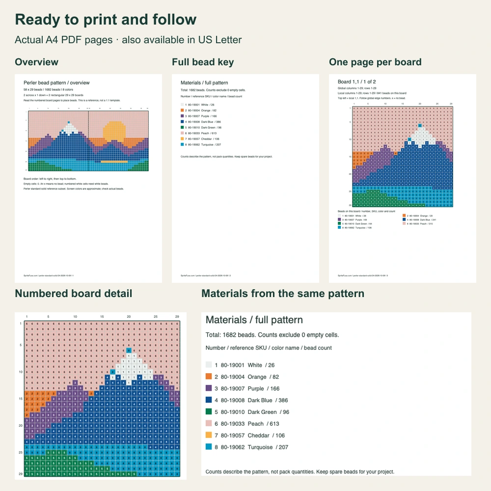 Actual printable PDF showing the mountain overview, materials key and numbered board page