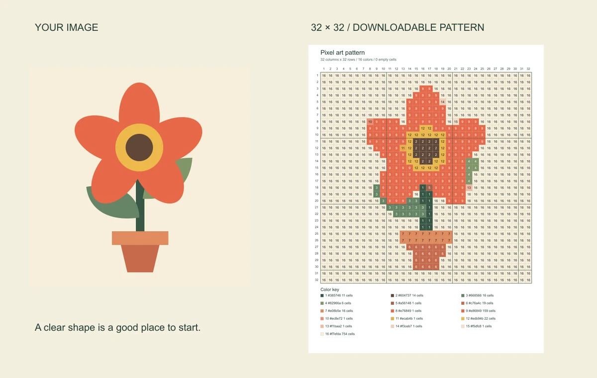 Flower illustration beside the real 32-column numbered pattern made from it