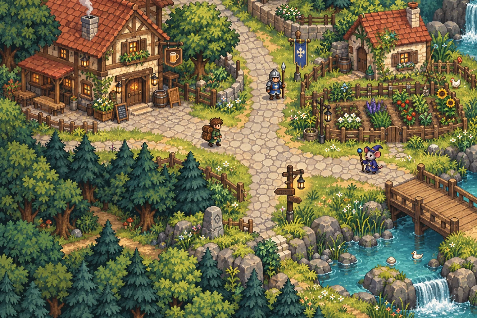 A traveler, guard and mouse wizard along paths in a small RPG village