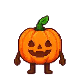 Small orange pumpkin creature with brown legs and a green leaf