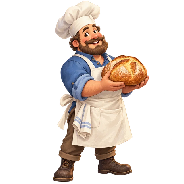 Village baker in a white apron holding a round loaf of bread