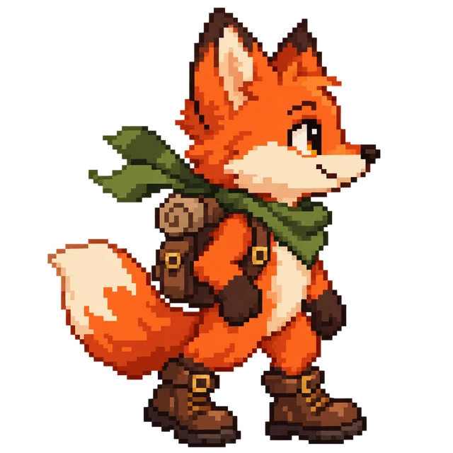Orange fox explorer wearing a green scarf, a backpack, and brown boots