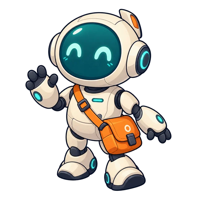 Small service robot with a teal face screen and an orange shoulder bag
