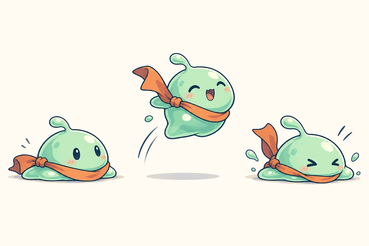 Movement concept: a green slime courier resting, jumping, and landing
