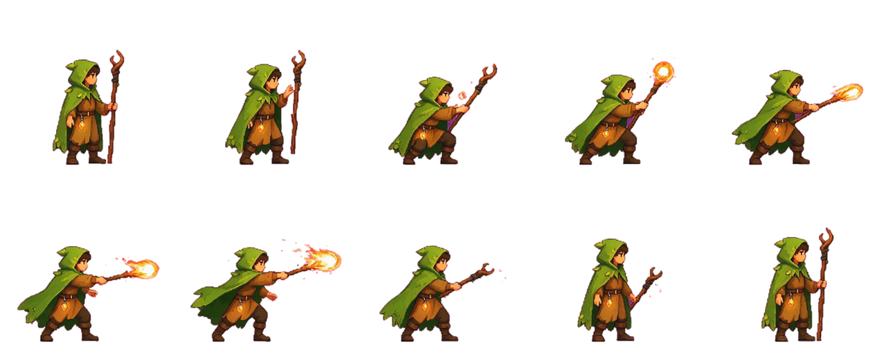 A transparent forest mage spell-cast sprite sheet generated in SpriteFuse