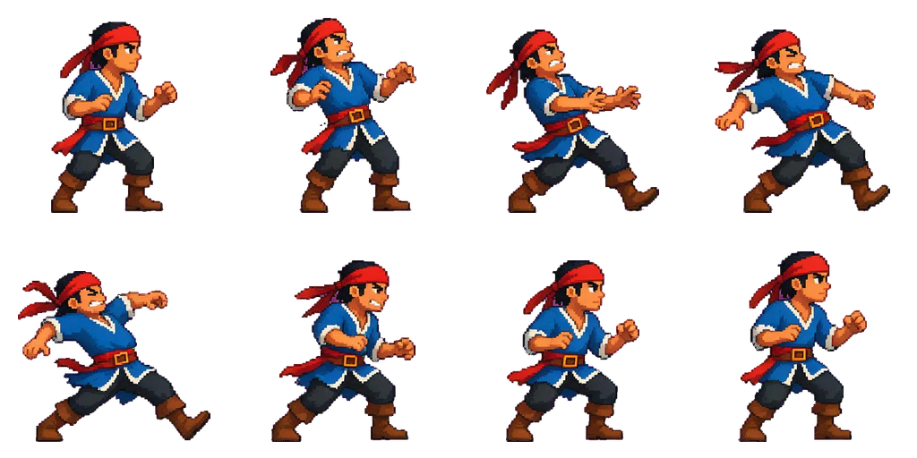 Eight pirate hurt-reaction poses arranged in a four-column, two-row sprite sheet
