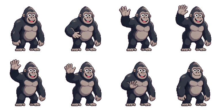 The eight source poses for the gorilla greeting in a four-column grid