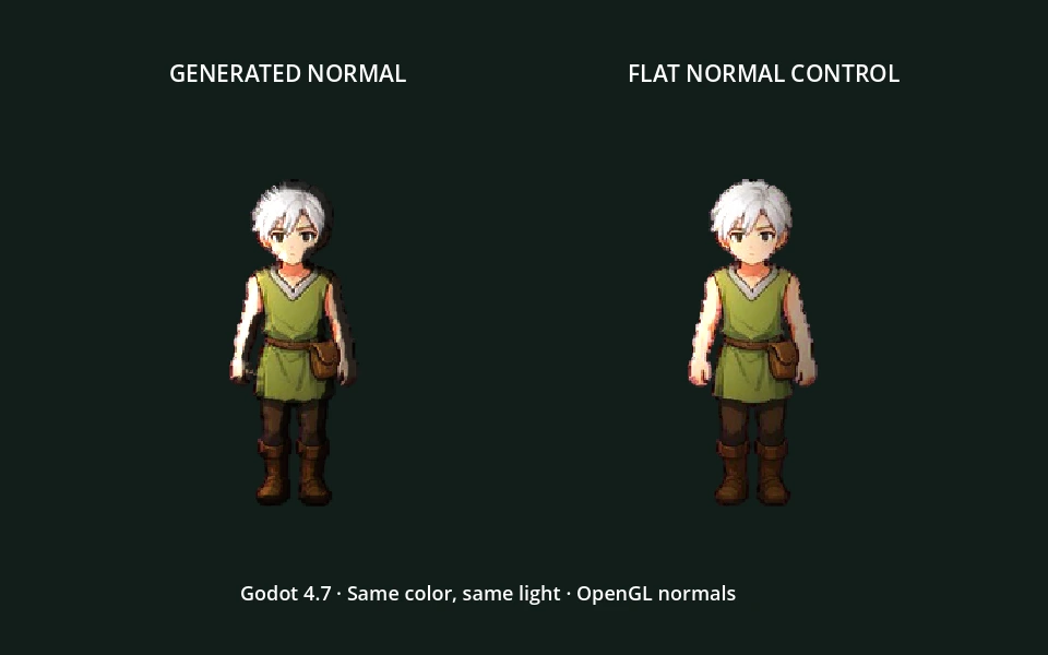 Actual Godot scene comparing generated and flat normals under the same light
