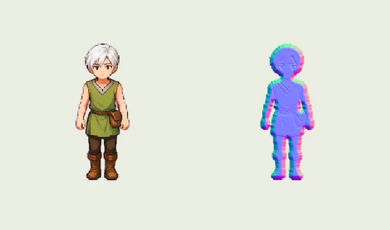 Walking sprite and its companion purple-blue normal map