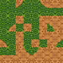 A four-by-four atlas containing all sixteen grass and dirt corner tiles