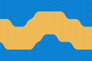 Blue water tiles meeting golden sand along a curved shoreline