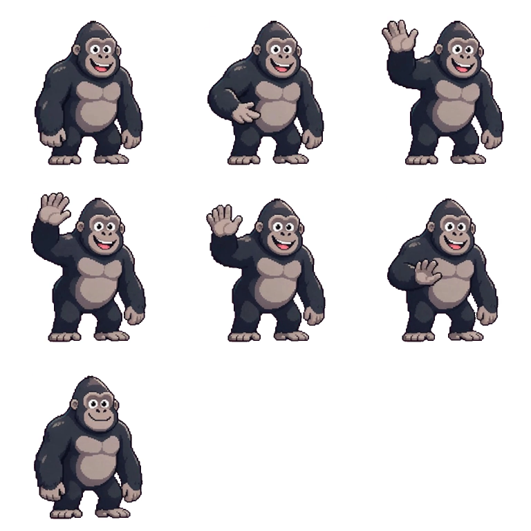 Seven sampled gorilla wave frames in a three-column grid, with two empty cells