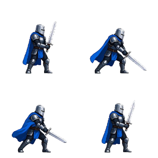 Four knight sword-attack samples at two frames per second in a two-by-two grid