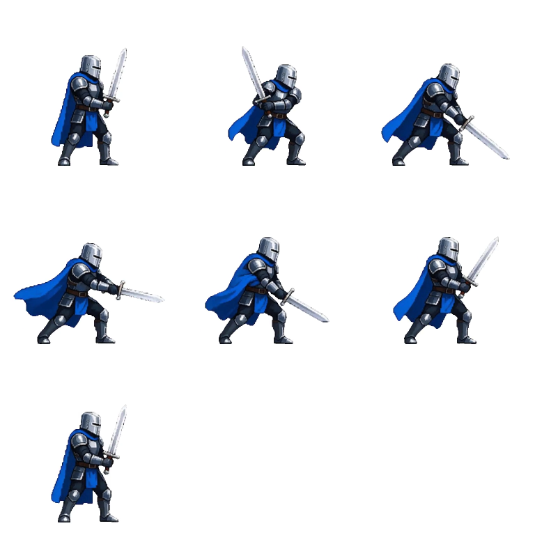 Seven knight sword-attack samples at four frames per second in a three-column grid