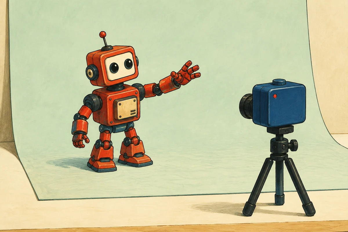 Illustration of a fixed camera filming a toy robot with room around its arms and feet
